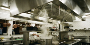 Grande hotte en inox dans une cuisine de restaurant en pleine activité, illustrant l'importance du nettoyage de hotte professionnelle.