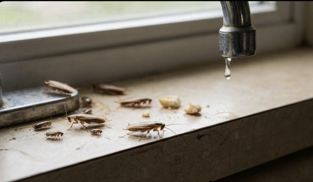 Groupe de blattes germaniques cherchant de la nourriture et de l'eau sur le bord d'un évier de cuisine, signe d'une infestation active.