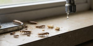 Groupe de blattes germaniques cherchant de la nourriture et de l'eau sur le bord d'un évier de cuisine, signe d'une infestation active.