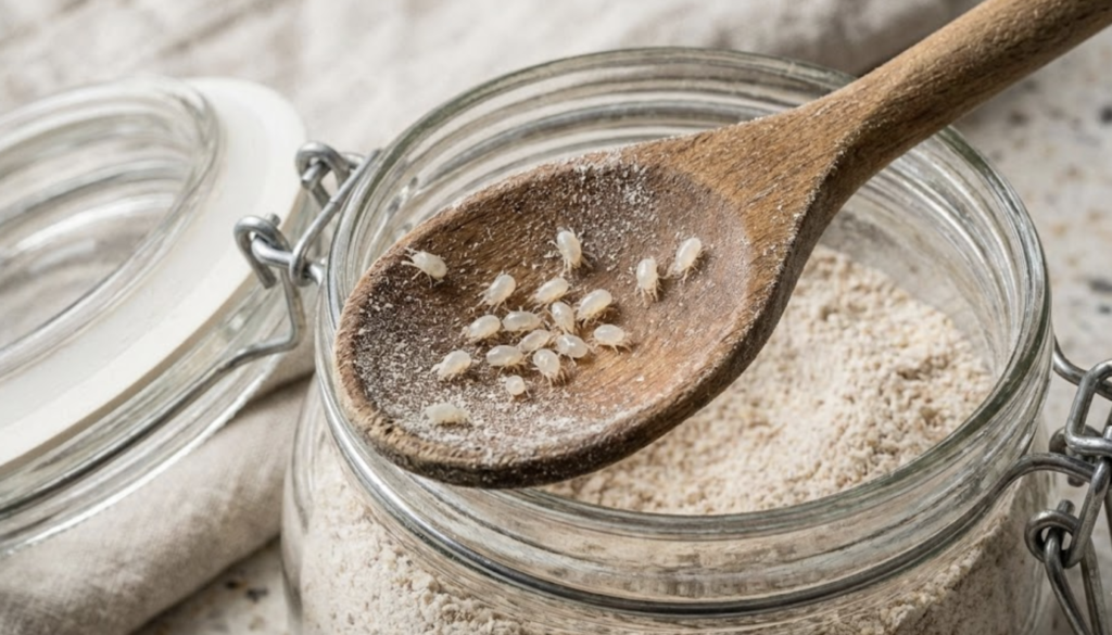 Vue macro de cirons (acariens blancs) grouillant sur une cuillère en bois au-dessus d'un bocal de farine infestée.