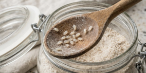 Vue macro de cirons (acariens blancs) grouillant sur une cuillère en bois au-dessus d'un bocal de farine infestée.