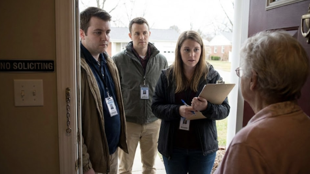 aux démarcheurs à la porte d'une personne âgée pour une arnaque à la dératisation.