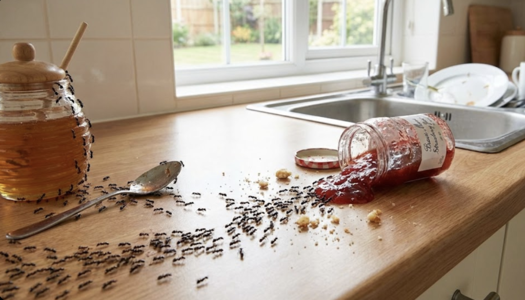 Invasion massive de fourmis dans la cuisine sur un plan de travail, attirées par un pot de confiture renversé et du miel.