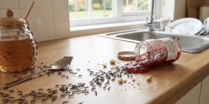 Invasion massive de fourmis dans la cuisine sur un plan de travail, attirées par un pot de confiture renversé et du miel.