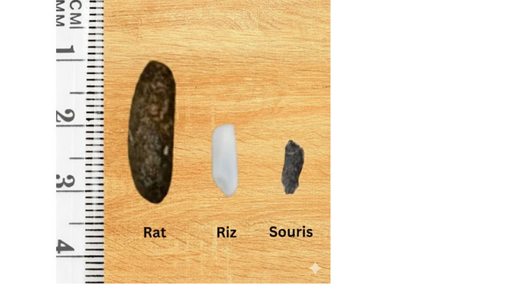 Comparaison de taille entre une crotte de rat, un grain de riz et une crotte de souris, avec une règle pour l'échelle, sur un fond en bois clair."